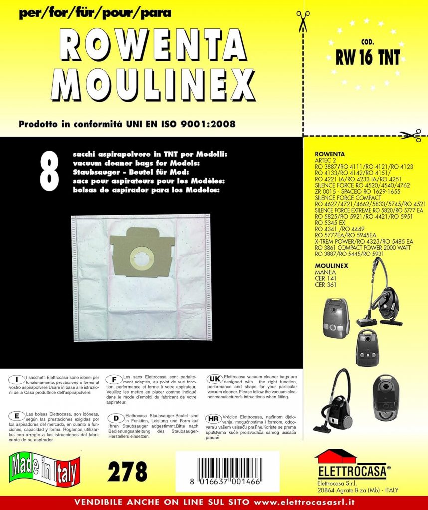 Elettrocasa RW16TNT Sacchetti Aspirapolvere in TNT per Rowenta Moulinex 8 Pezzi