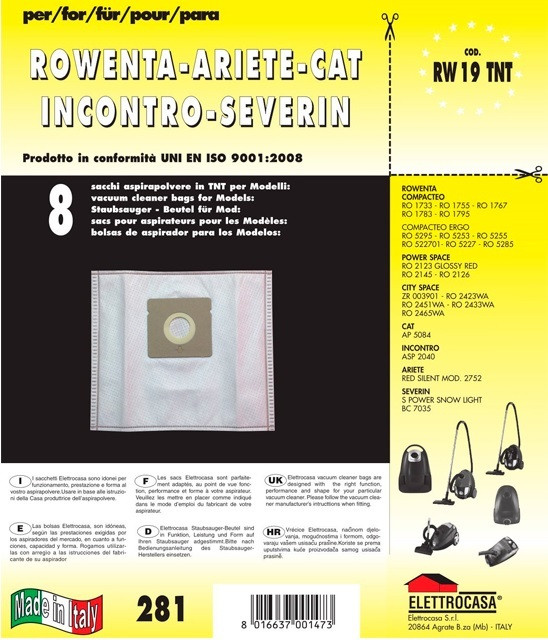 Elettrocasa RW19TNT Confezione 8 Sacchetti in TNT per Aspirapolveri Rowenta