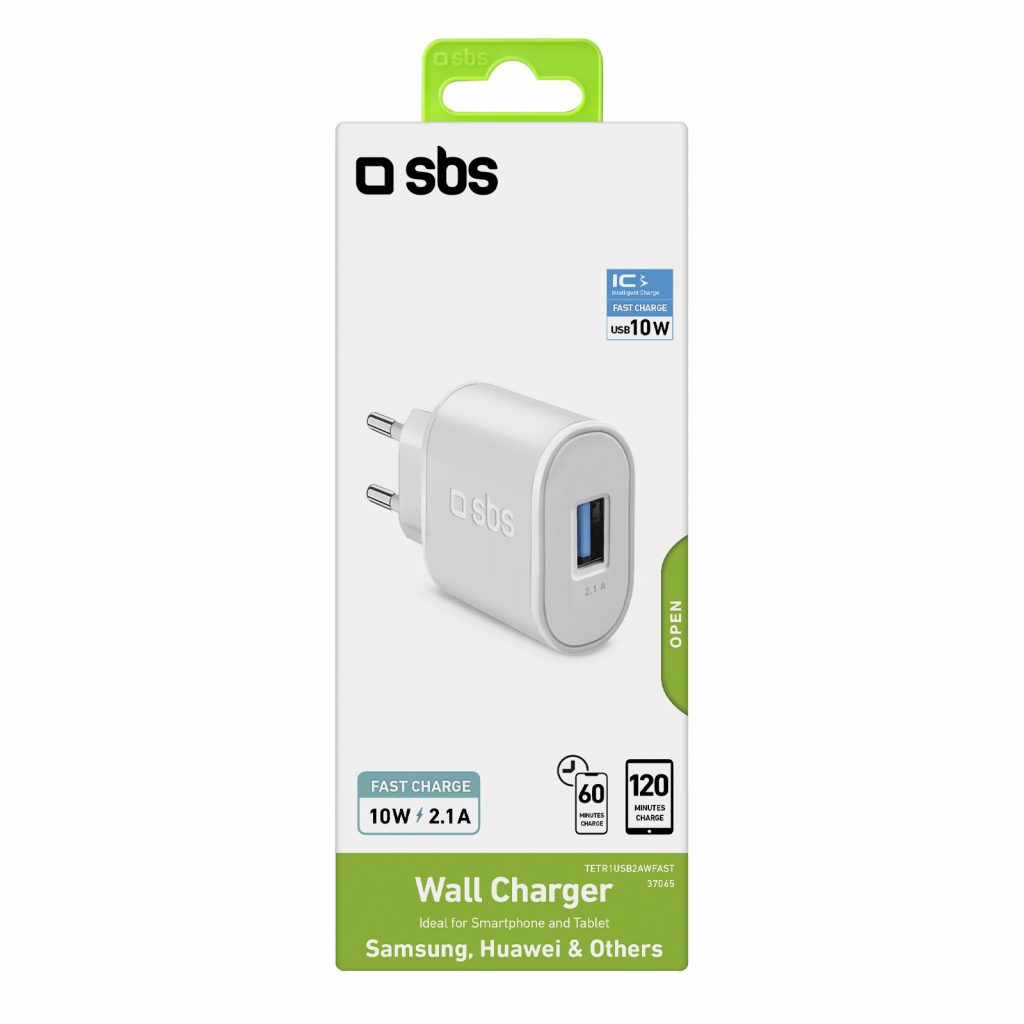 SBS Caricabatterie 10 Watt Ricarica Rapida Porta USB 2.1A Intelligent Charge