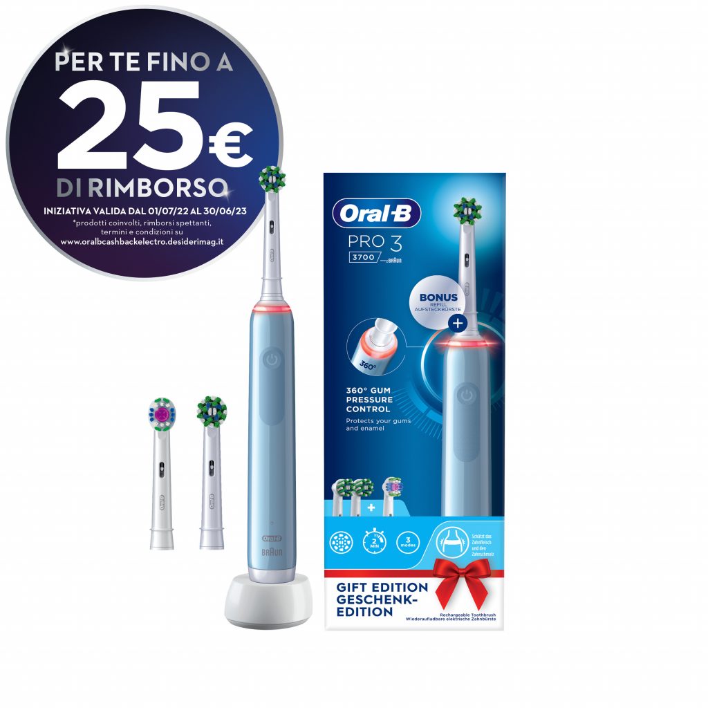 Oral-B Pro3 3700 Blu Spazzolino Elettrico con 3 Testine
