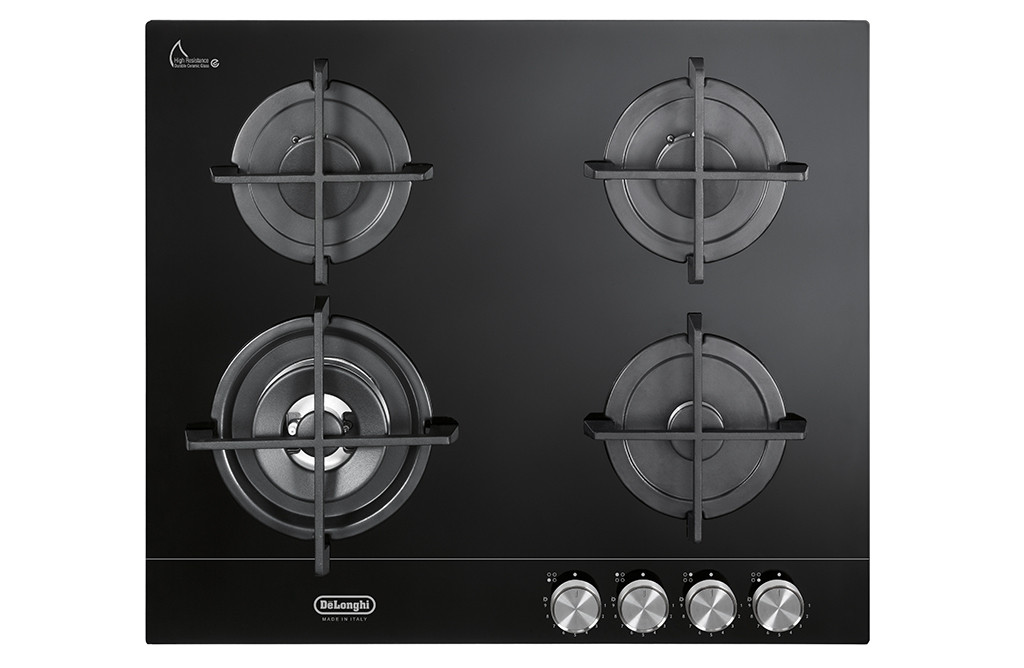 De Longhi NSL460NCM Vetro Nero Piano Cottura Gas 60CM 4 Fuochi con Griglie Ghisa