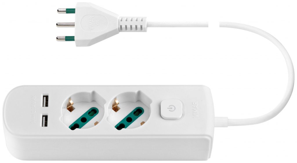 Vimar 0R00625CCB Presa Mobile 2 Multipla 2P-T 10 A 250 V con 2 USB Cavo da 1.5MT