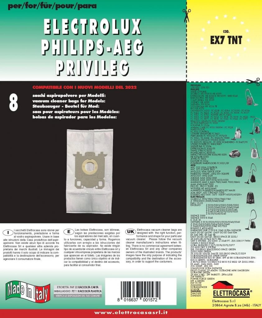 Elettrocasa EX7TNT Sacchetti Aspirapolvere TNT per Electrolux-Philps-AEG 8 Pezzi