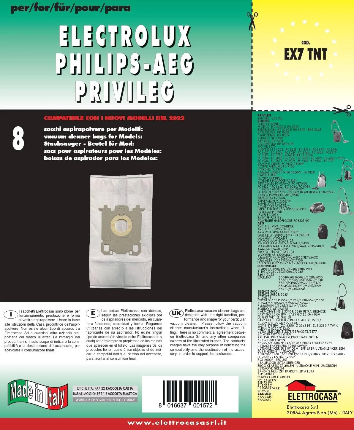 Elettrocasa EX7TNT Sacchetti Aspirapolvere TNT per Electrolux-Philps-AEG 8 Pezzi