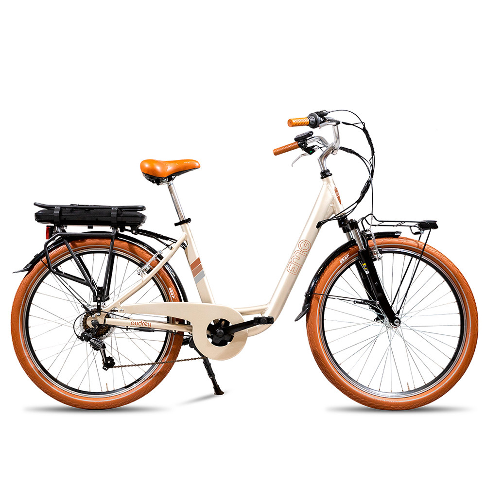 Emg Vintage Audrey Champagne Bicicletta Elettrica City Alluminio Autonomia 80 Km