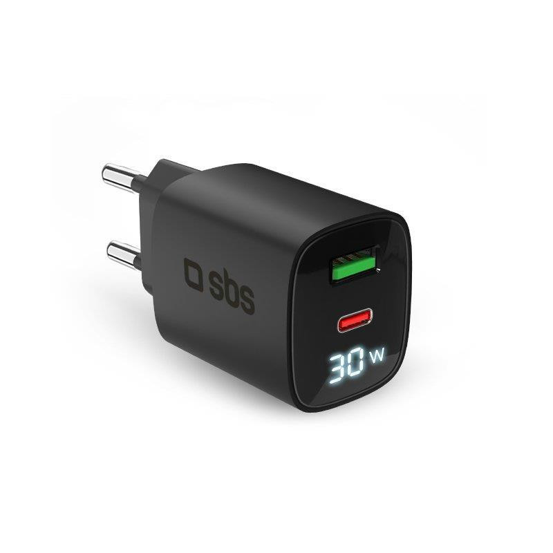 SBS TETRGANLCD1USB1C30K Black Caricabatterie da Muro con Schermo LCD USB-C e USB