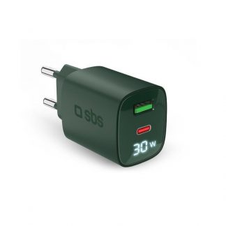 SBS TETRGANLCD1USB1C30G Verde Caricabatterie da Muro con Schermo LCD USB-C e USB