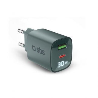 SBS TETRGANLCD1USB1C30A Azzurro Caricabatterie con Display LCD USB-C e USB