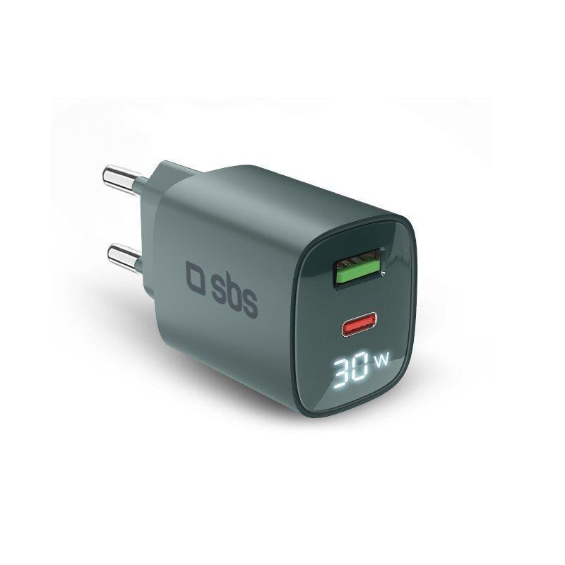 SBS TETRGANLCD1USB1C30A Azzurro Caricabatterie con Display LCD USB-C e USB