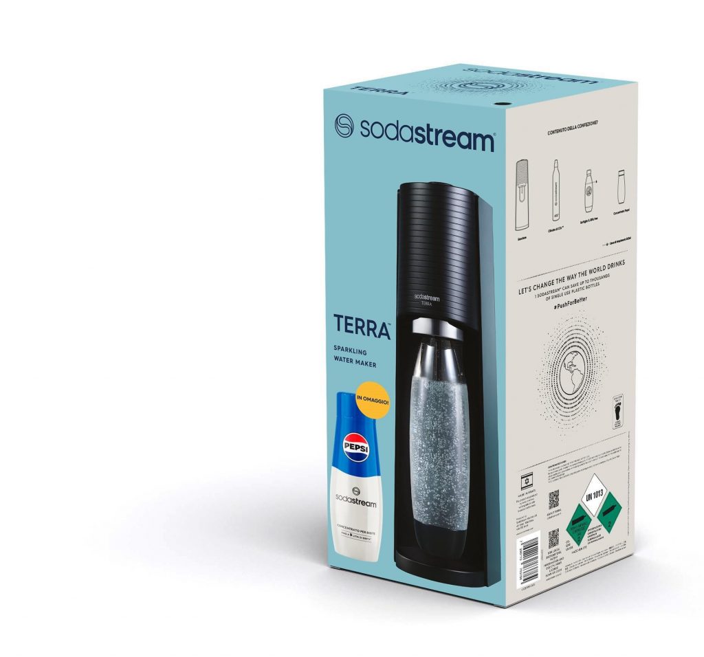 Sodastream Terra Nero Gasatore con Bottiglia 1 LT Cilindro Gas e Sciroppo Pepsi