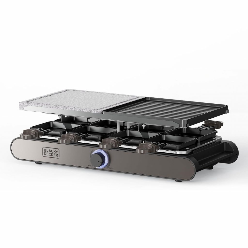 Black Decker BXFC1400E Raclette 1400W con Piastra-Pietra e 8 Padelline
