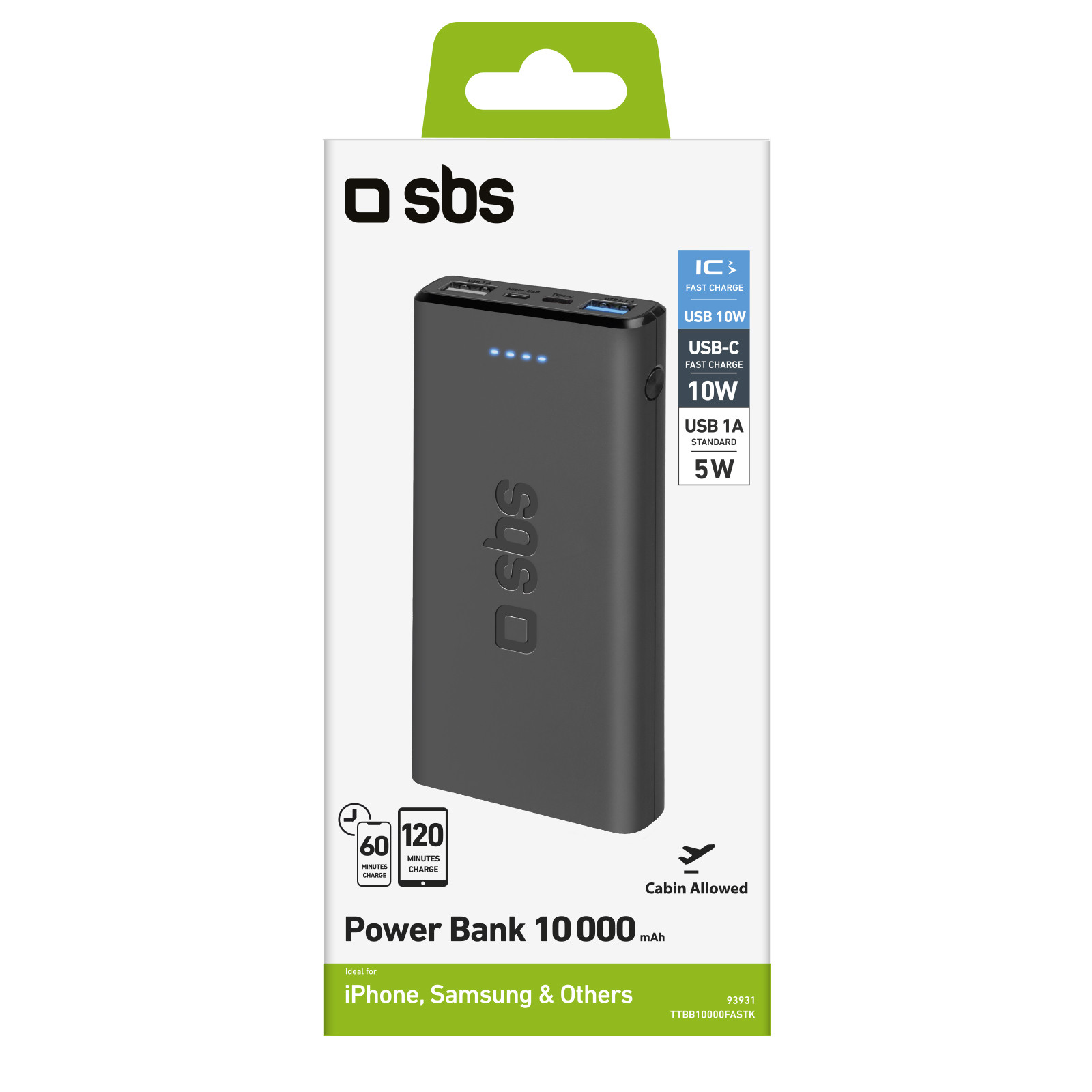 SBS Powerbank Nero 10000mAh Extra Slim 1 USB 2.1A e 1 USB-C - immagine 2