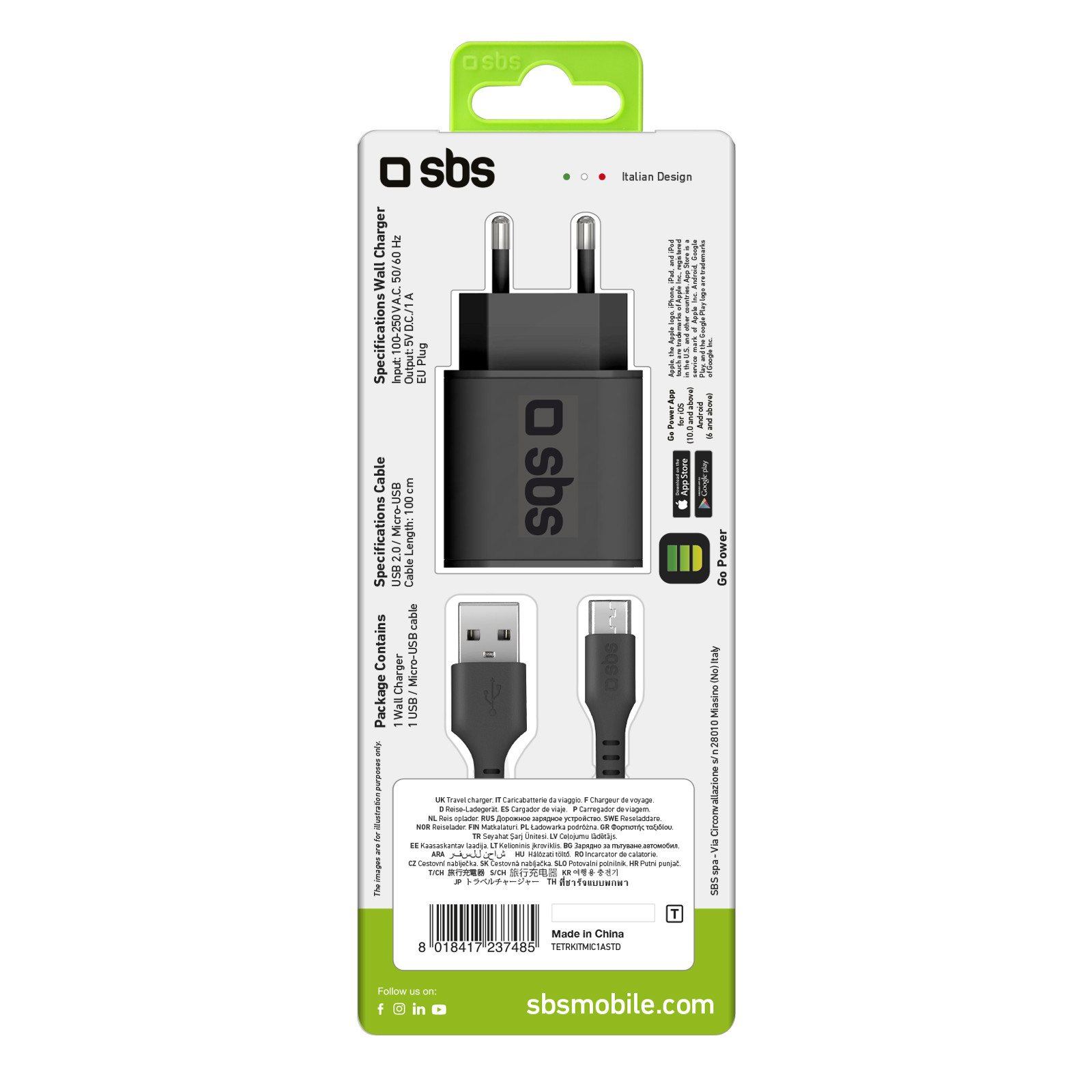 SBS Caricabatterie da 1 A con uscita USB da 1A e Presa Europea Cavo Micro USB - immagine 3