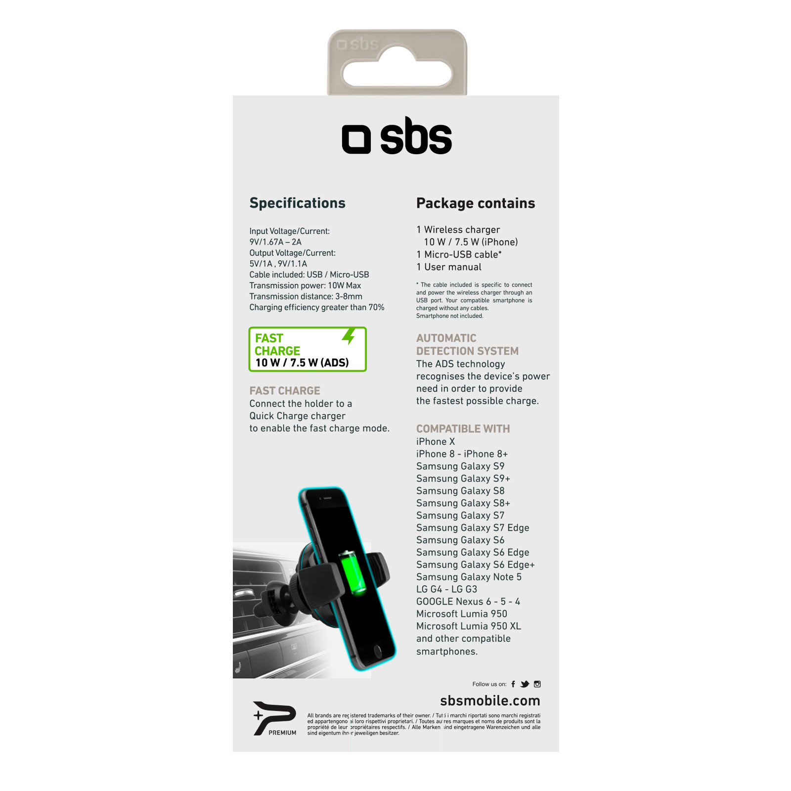 SBS TESUPROUNDWIR10W Supporto Auto con Ricarica Wireless 10W - immagine 5
