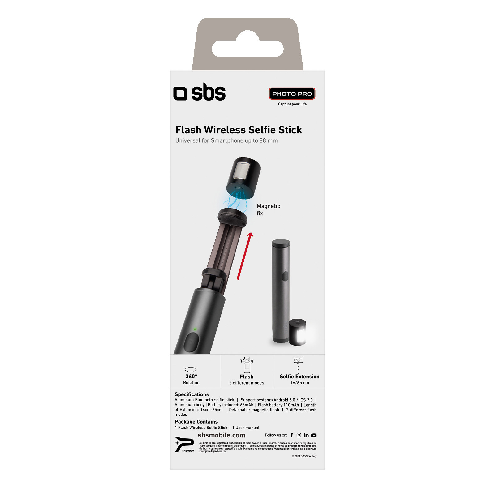 SBS TESELFIEBTFLASH Asta in Alluminio Selfie Bluetooth Wireless con Flash - immagine 4