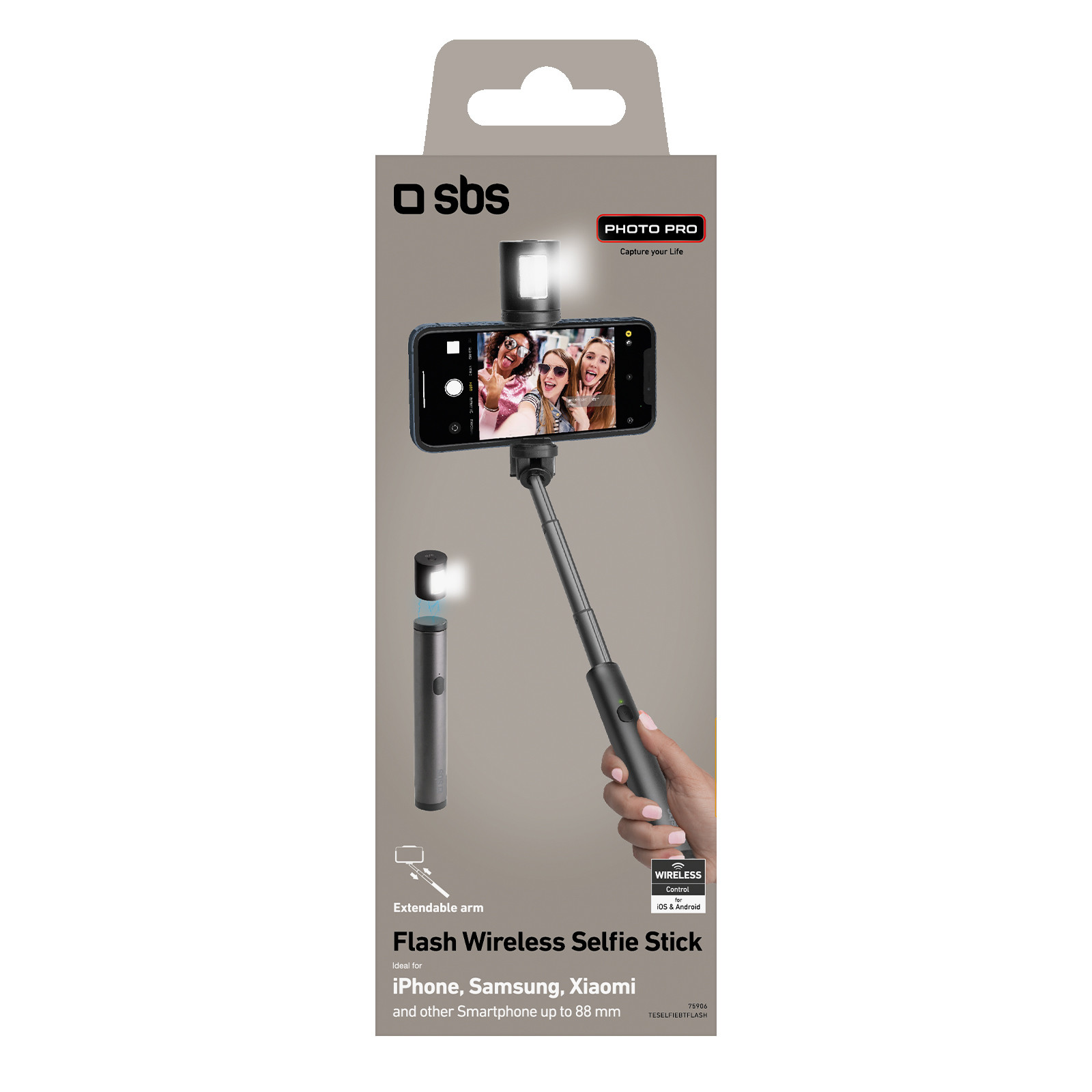 SBS TESELFIEBTFLASH Asta in Alluminio Selfie Bluetooth Wireless con Flash - immagine 5
