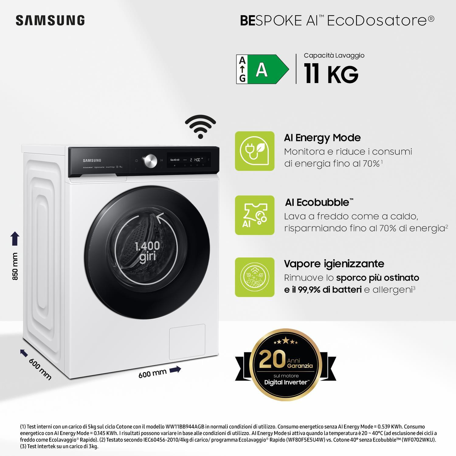 Samsung WW11DB7B94GEU3 Lavatrice Carica Frontale 11KG 1400 Giri WiFi Ecodosatore - immagine 4