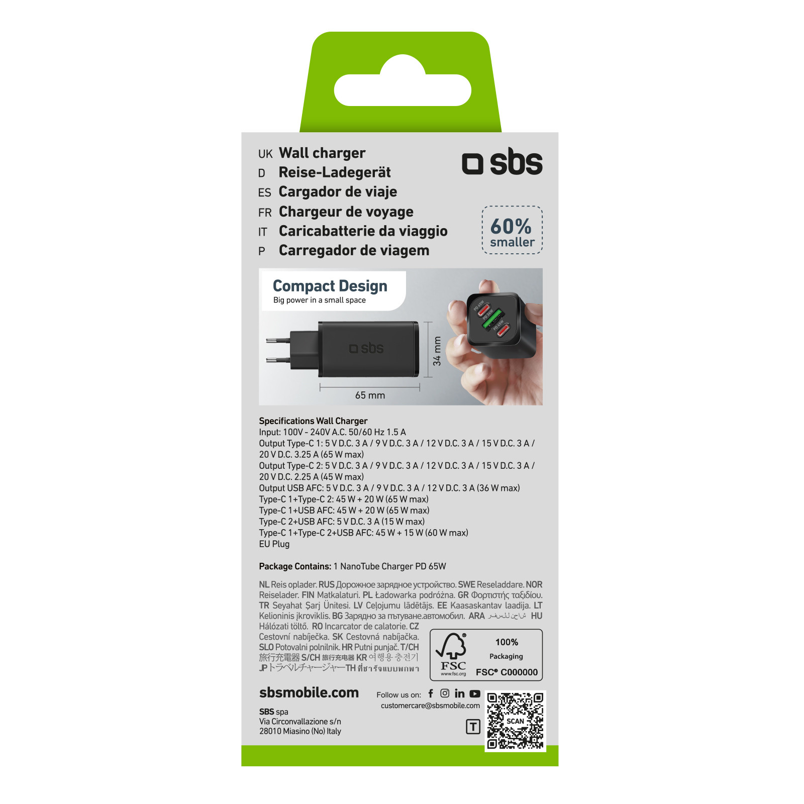 SBS TETRGANUSB2C65W Caricabatterie Rete Gan 2 USB-C 1 USB 65W - immagine 3