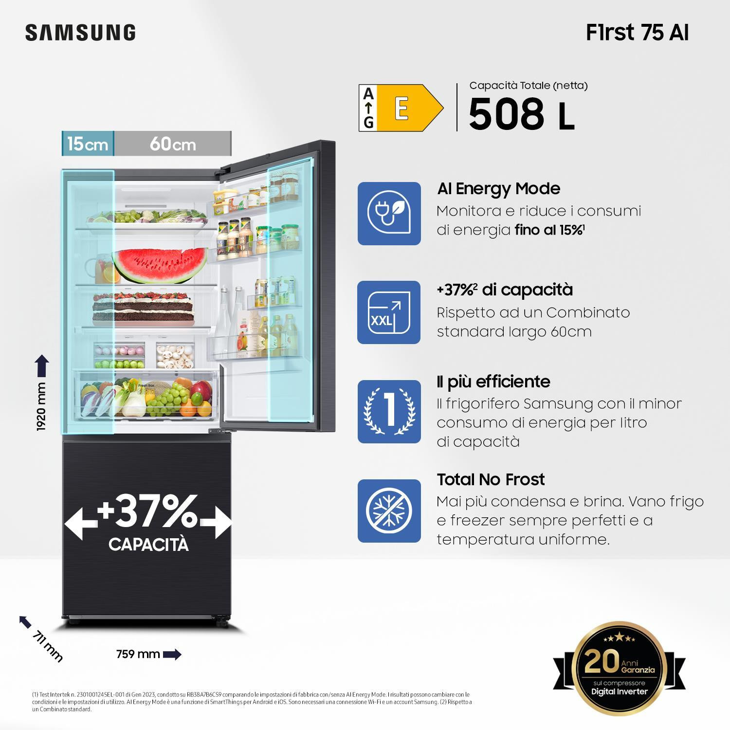 Samsung RB50DG601EB1EF Black Inox Frigorifero Combinato 508 LT Wi-Fi Largo 75CM - immagine 4