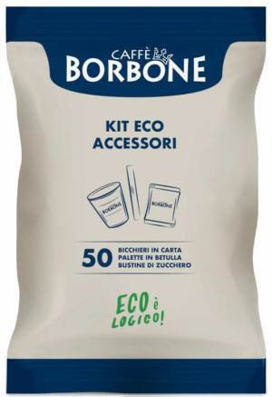 Caffe Borbone Kit Ecologico 50 Bicchieri Caffe 50 Palette 50 Bustine Zucchero - immagine 2