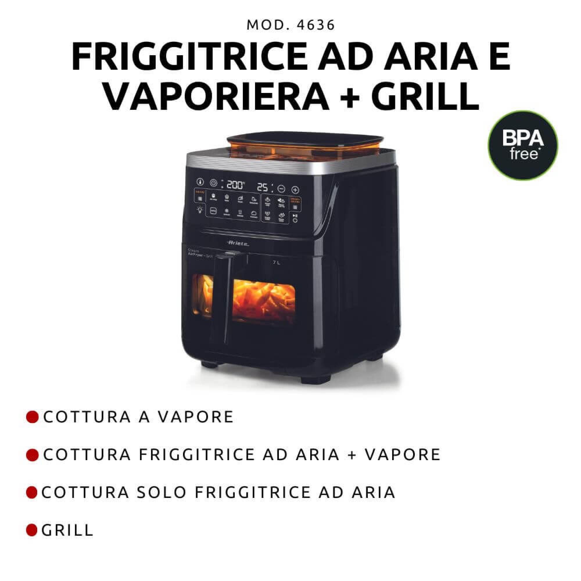 Ariete Friggitrice ad Aria Con Funzione Vapore e Grill 1700w Capacita 7 Litri - immagine 2