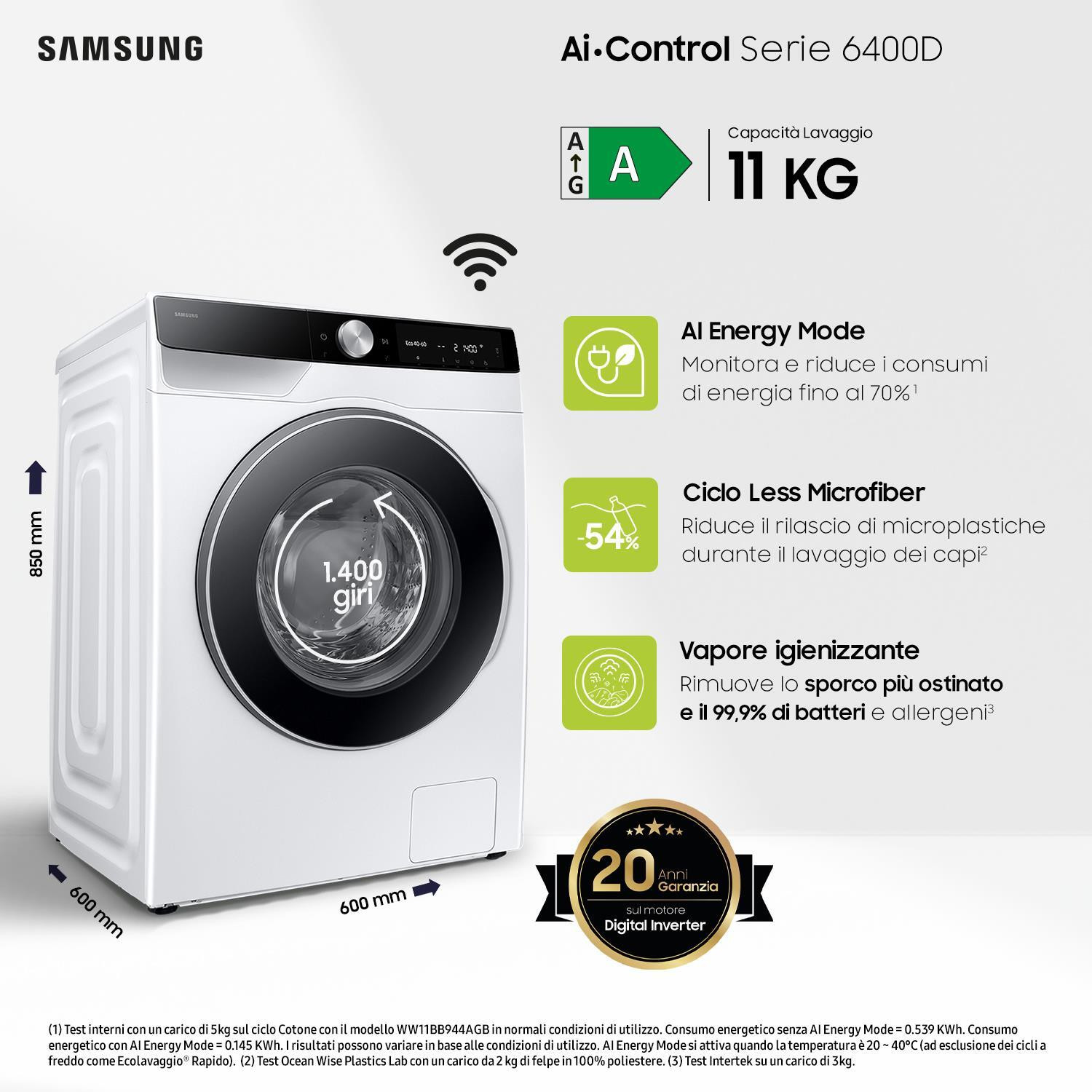 Samsung WW11DG6B25LKU3 Lavatrice Carica Frontale 11KG 1500 Giri Wi-Fi - immagine 4