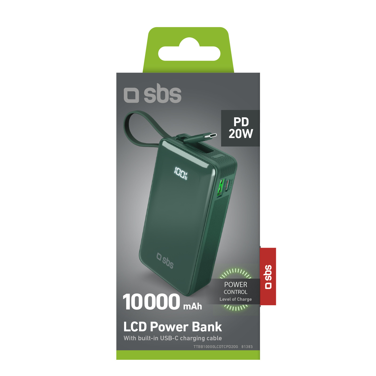 SBS TTBB10000LCDTCPD20G Verde Powerbank 10000mAh 20W Display e Cavo Integrato - immagine 3