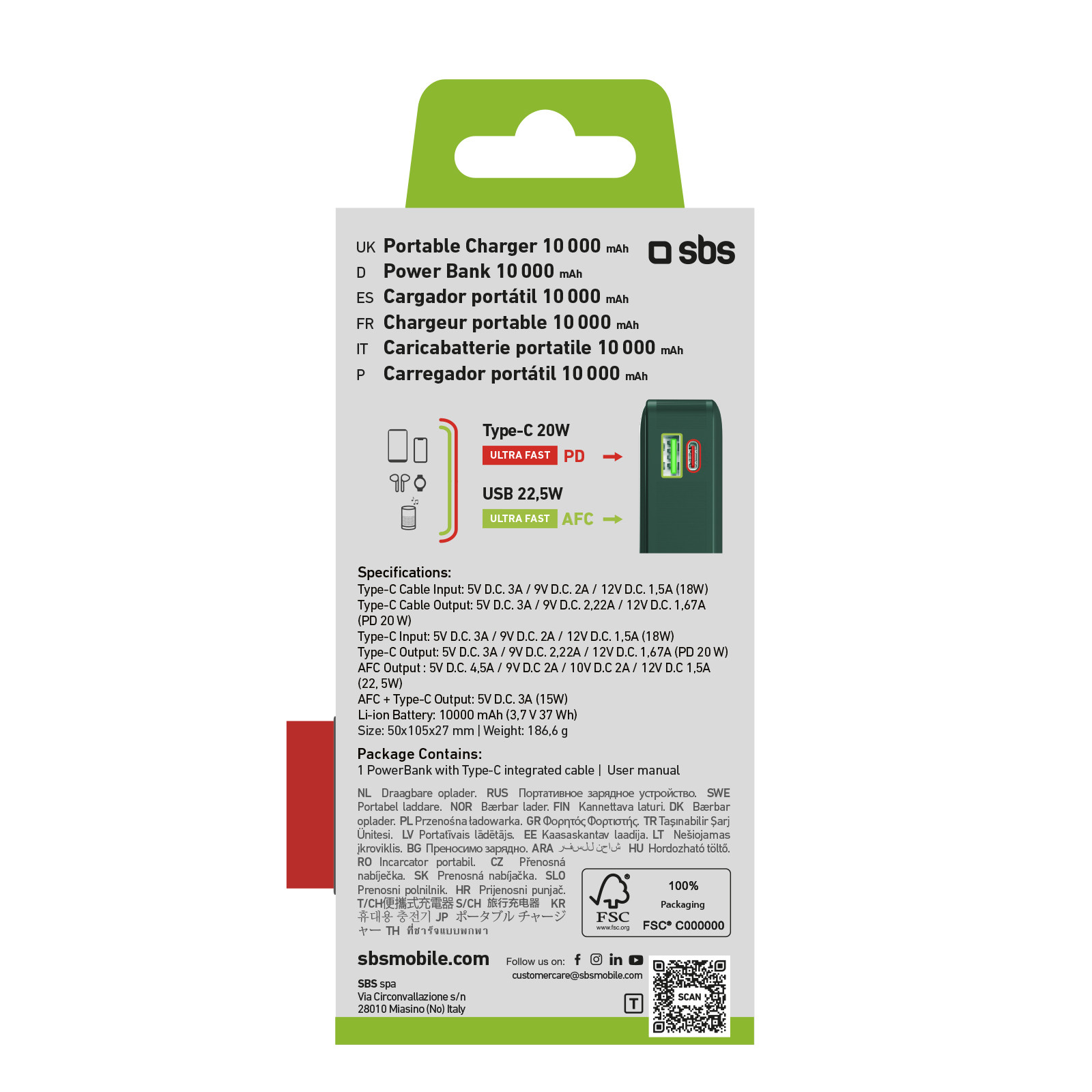 SBS TTBB10000LCDTCPD20G Verde Powerbank 10000mAh 20W Display e Cavo Integrato - immagine 4