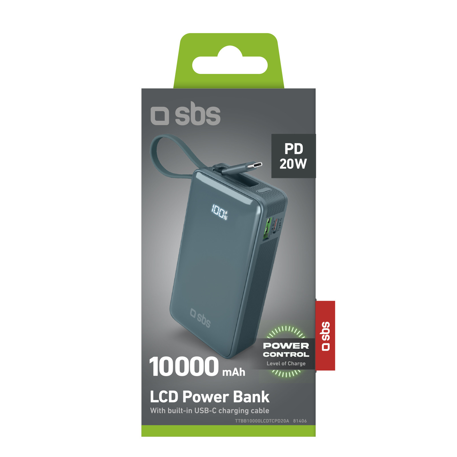 SBS TTBB10000LCDTCPD20A Azzurro Powerbank 10000mAh 20W Display e Cavo Integrato - immagine 2