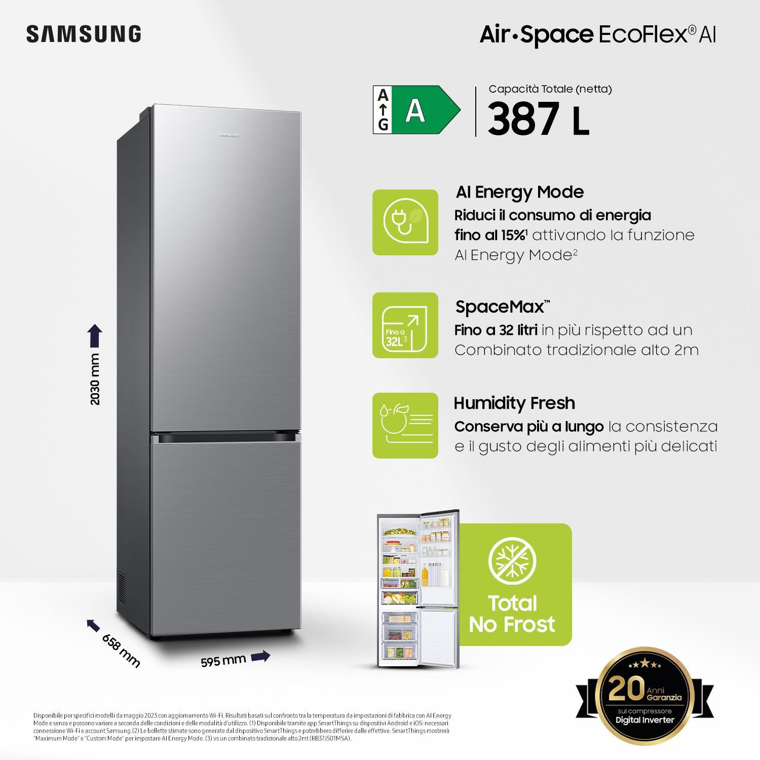 Samsung RB38C607AS9EF Inox Frigorifero Combinato 387LT Alto 2MT Nofrost Wi-Fi - immagine 3