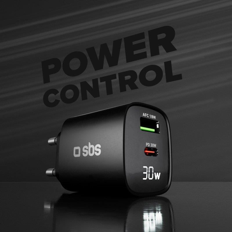 SBS TETRGANLCD1USB1C30K Black Caricabatterie da Muro con Schermo LCD USB-C e USB - immagine 2