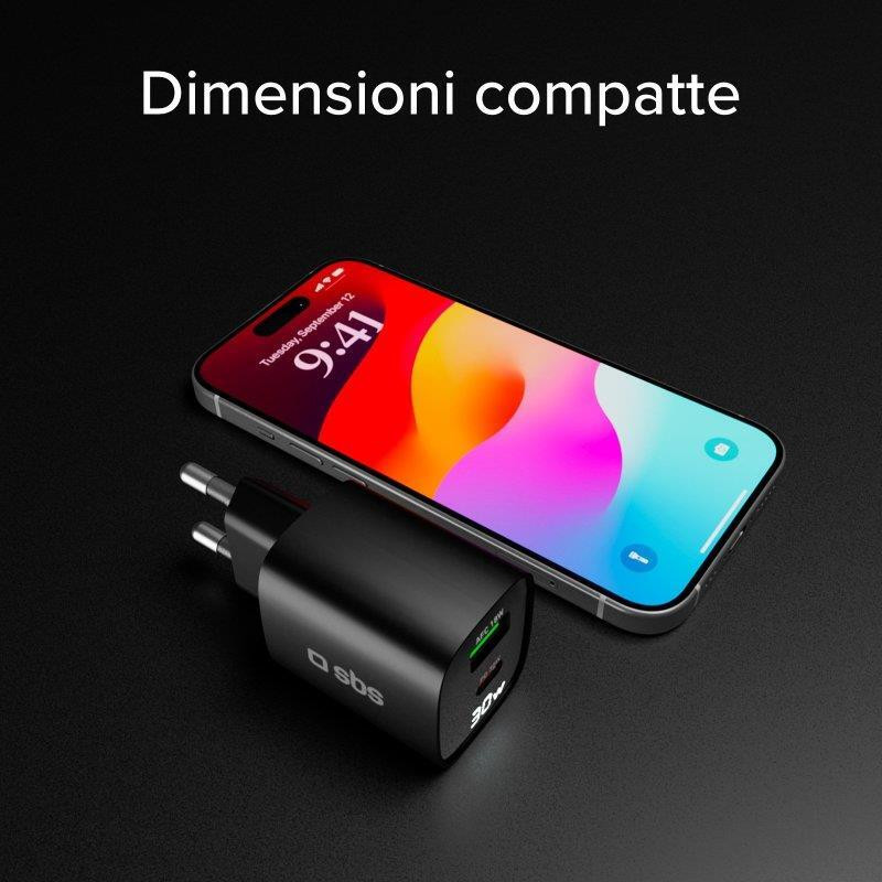 SBS TETRGANLCD1USB1C30K Black Caricabatterie da Muro con Schermo LCD USB-C e USB - immagine 3