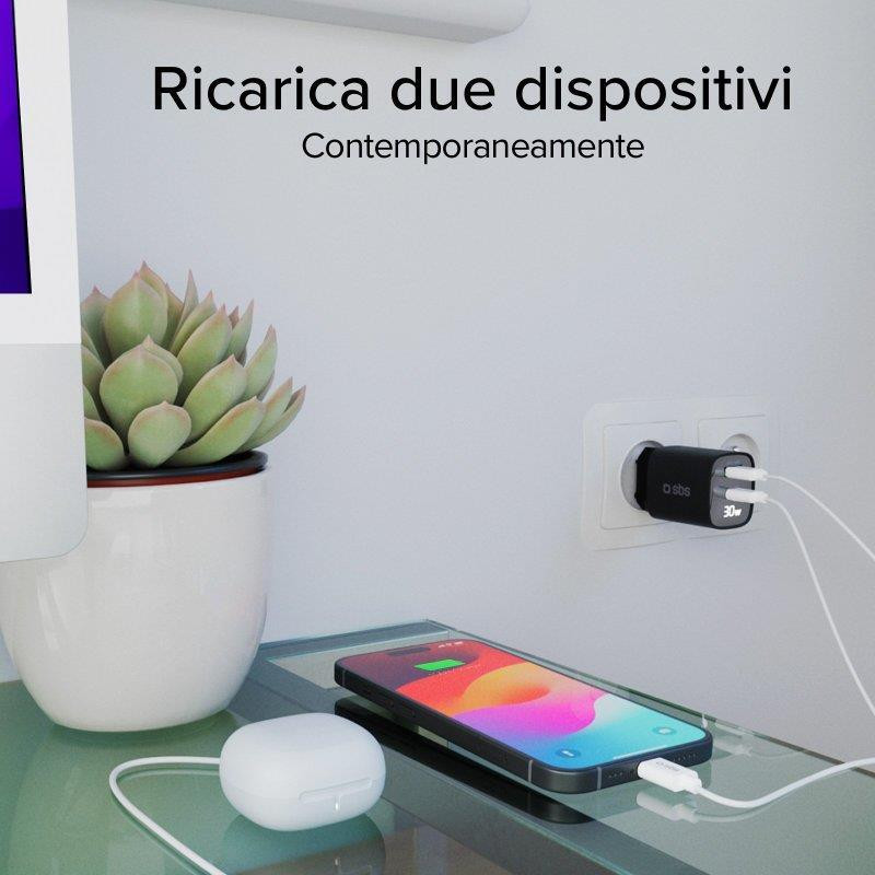 SBS TETRGANLCD1USB1C30K Black Caricabatterie da Muro con Schermo LCD USB-C e USB - immagine 5