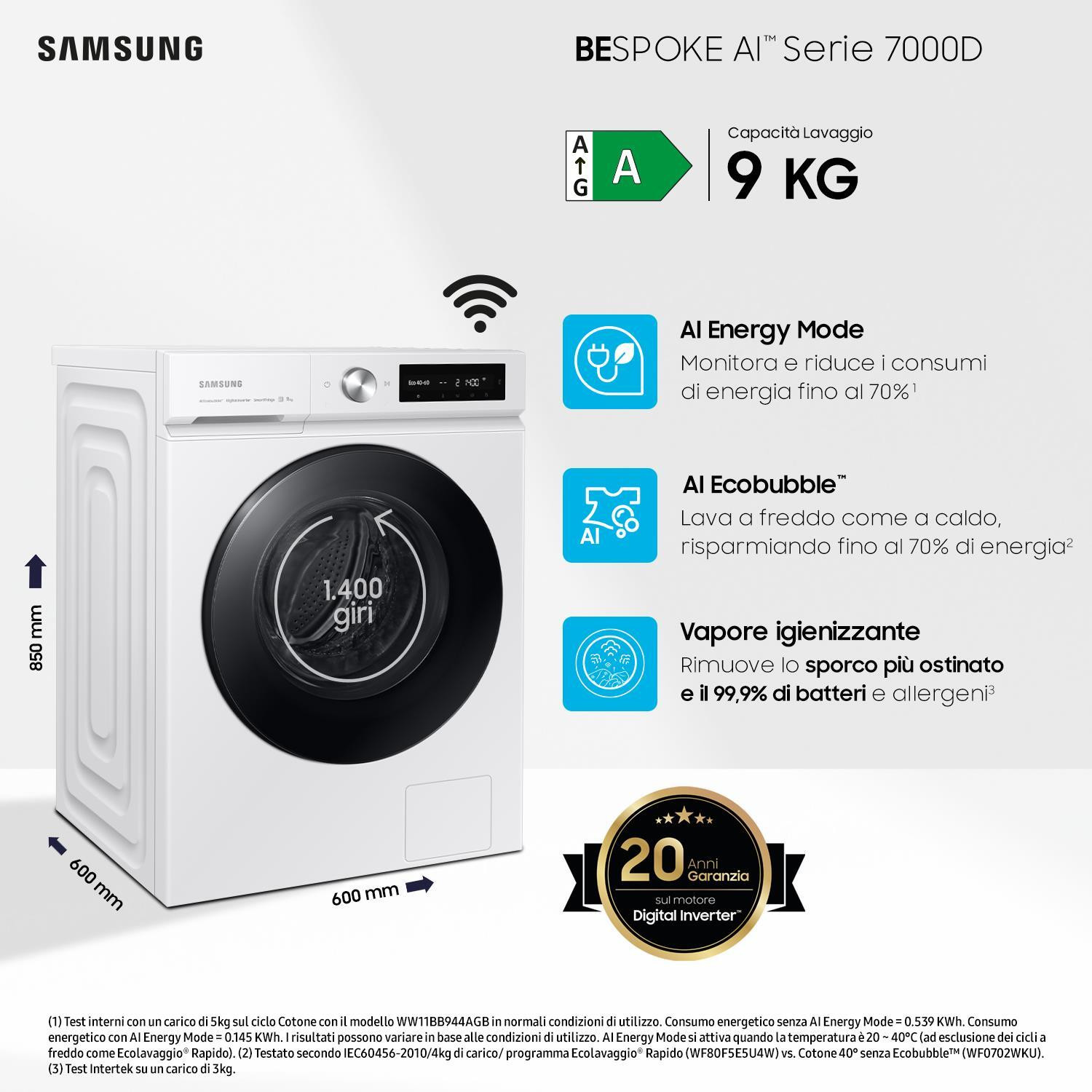 Samsung WW90DB7U34GWU3 Lavatrice Carica Frontale 9KG 1400 Giri - immagine 3