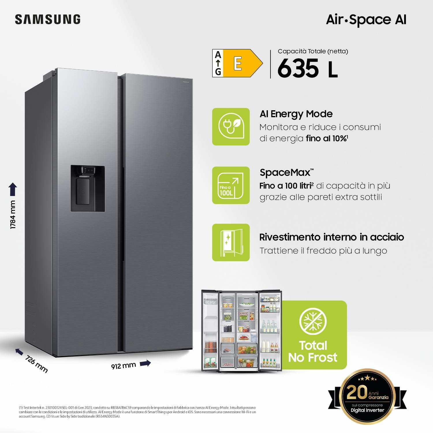Samsung RS70F65KETEF Frigorifero Side By Side 635L Distributore Acqua Ghiaccio - immagine 2