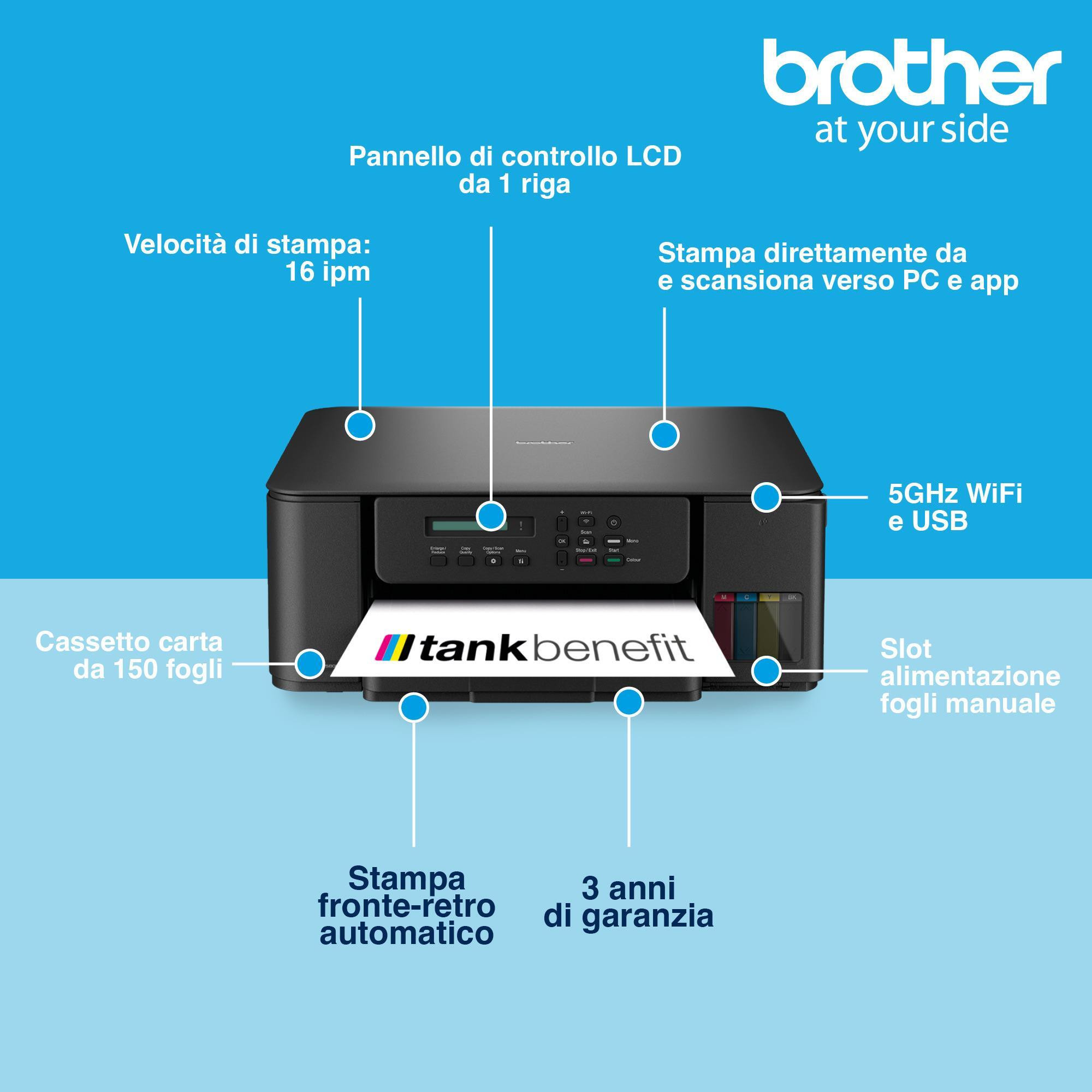 Brother DCPT580DW Stampante Multifunzione Inkjet Wi-Fi con 4 Serbatoi F-R Auto - immagine 3