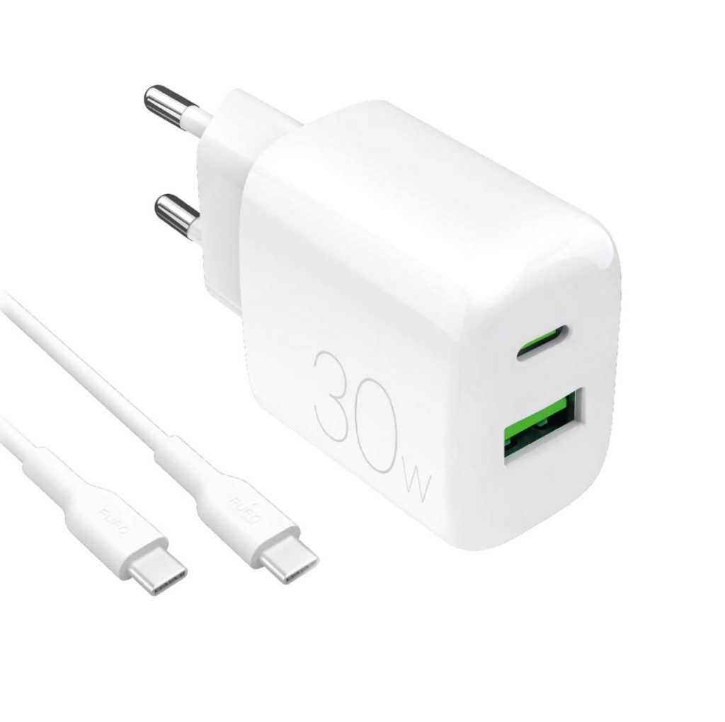 PURO PUTCUSBAC30WDYKCCWHI CARICABATT.RETE PRO LITE 30W USB-A-USB-C + CAVO CARICA BATTERIE RETE E BASI