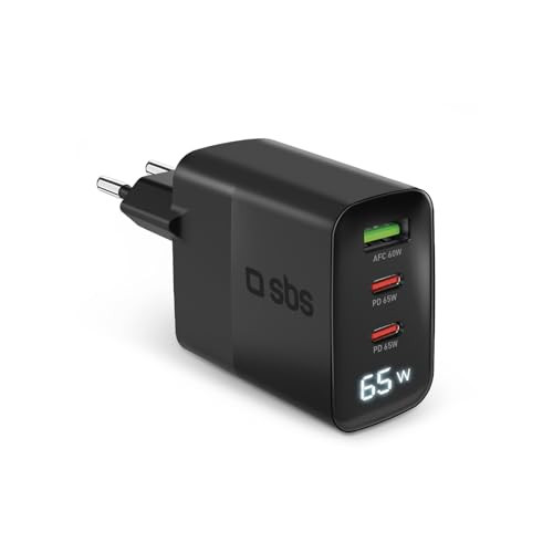 SBS TETRGANLCD1USB2C65K Caricatore Rete Gan 65W Lcd 2 Usb C 1 Usb A Nero