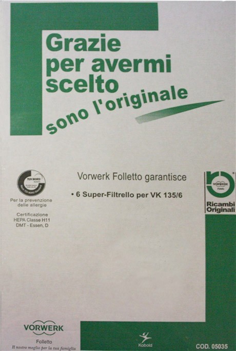Vorwerk Folletto Super Filtrello 6 Sacchi per Aspirapolvere VK135/136