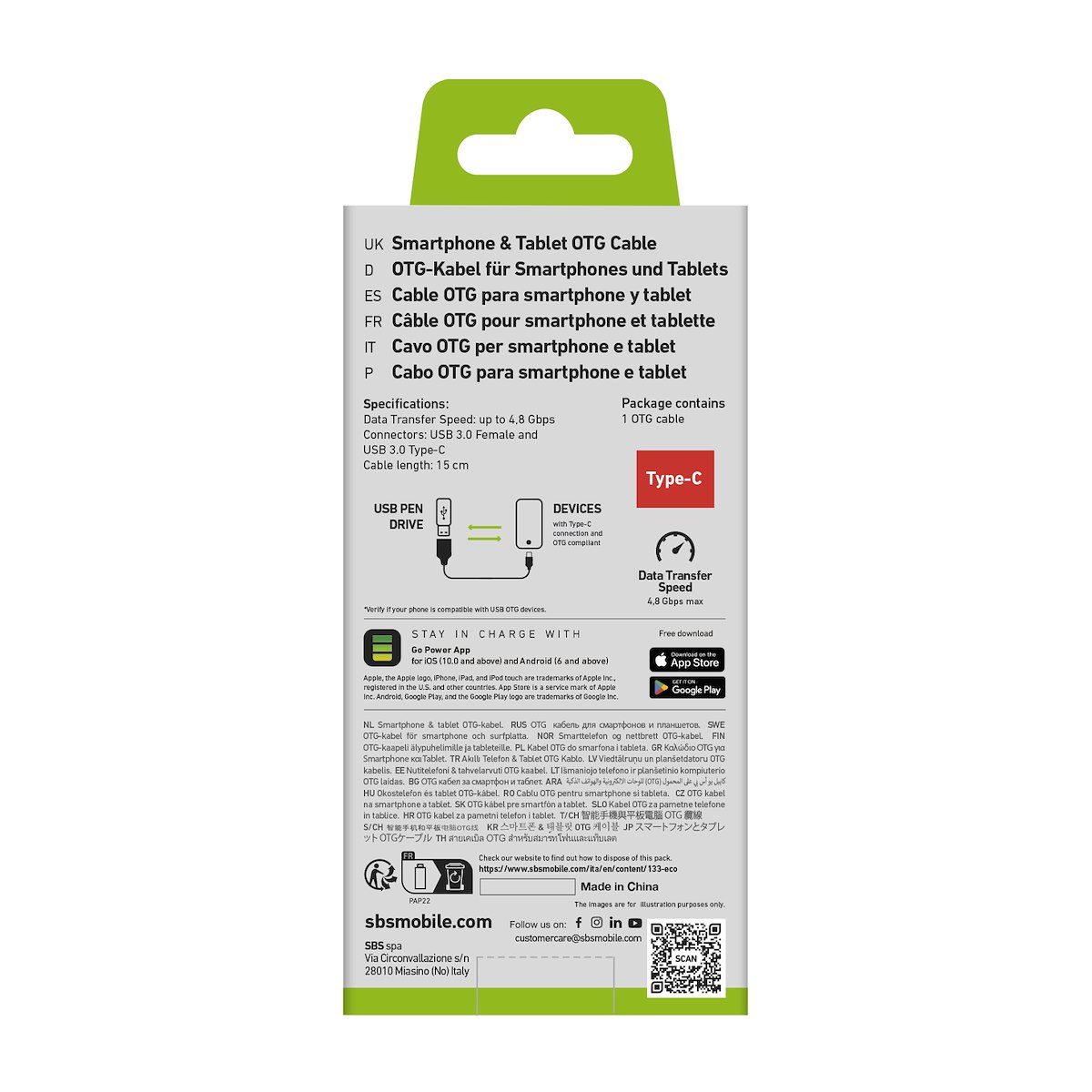 SBS TECABLEOTGTCK Cavo USB-A femmina a USB-C maschio, 15cm - immagine 3