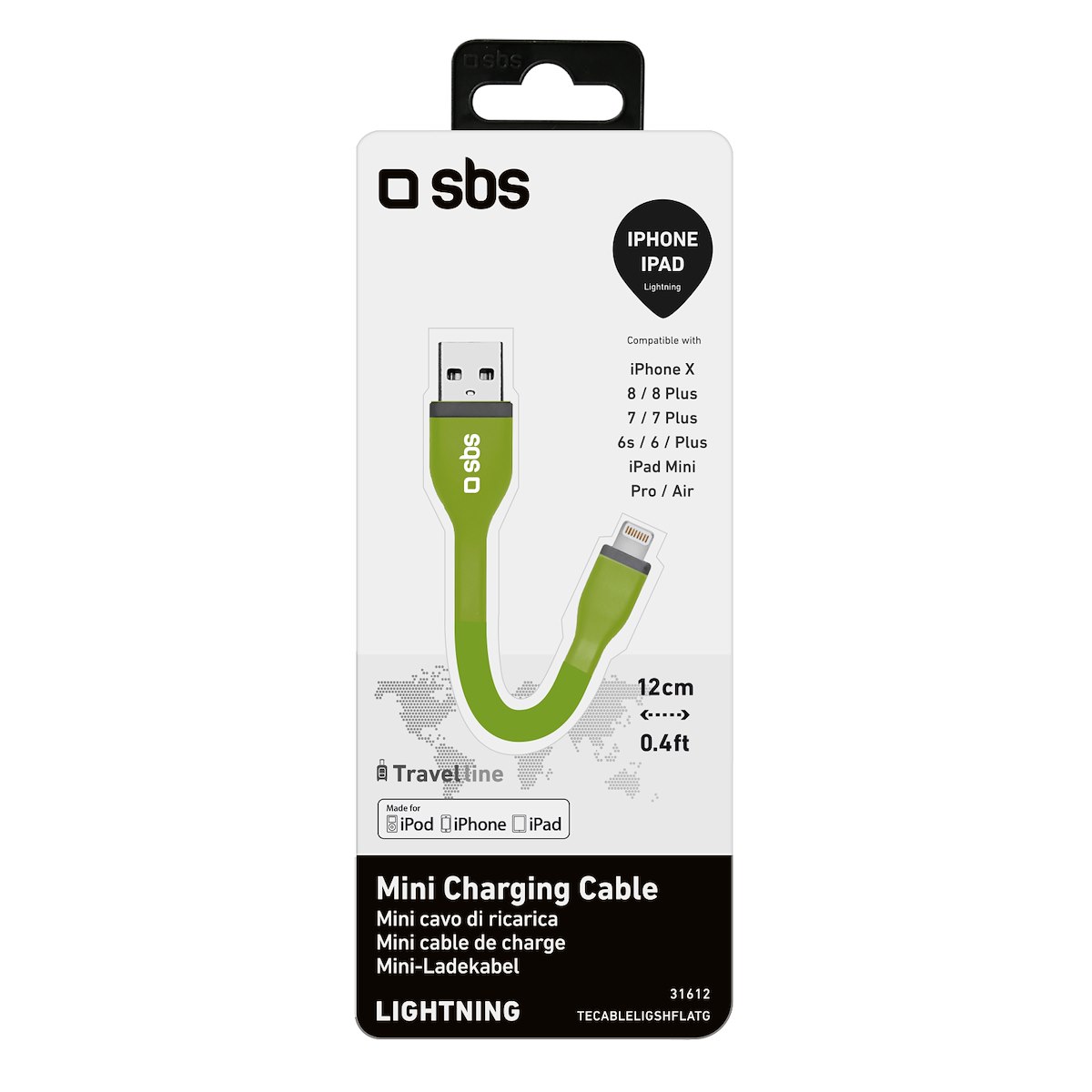 SBS TECABLELIGSHFLATG Cavo USB-Lightning, 12cm, Verde - immagine 2