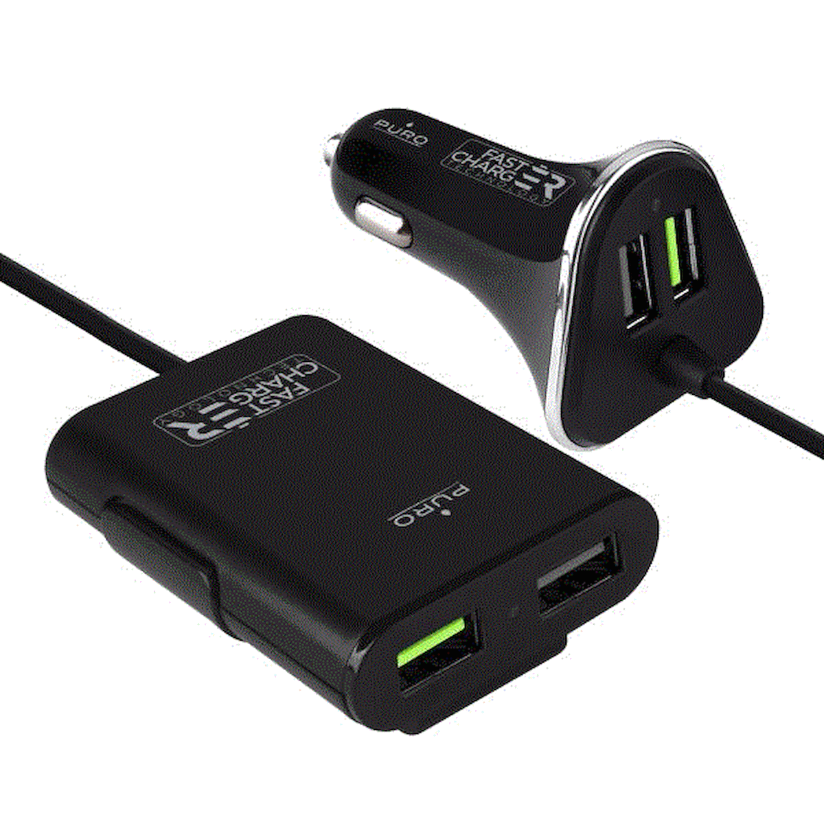 PURO FCCH2USB2HUB68BLK Caricabatterie Auto Fast 2USB + 2 Port Hub USB Nero