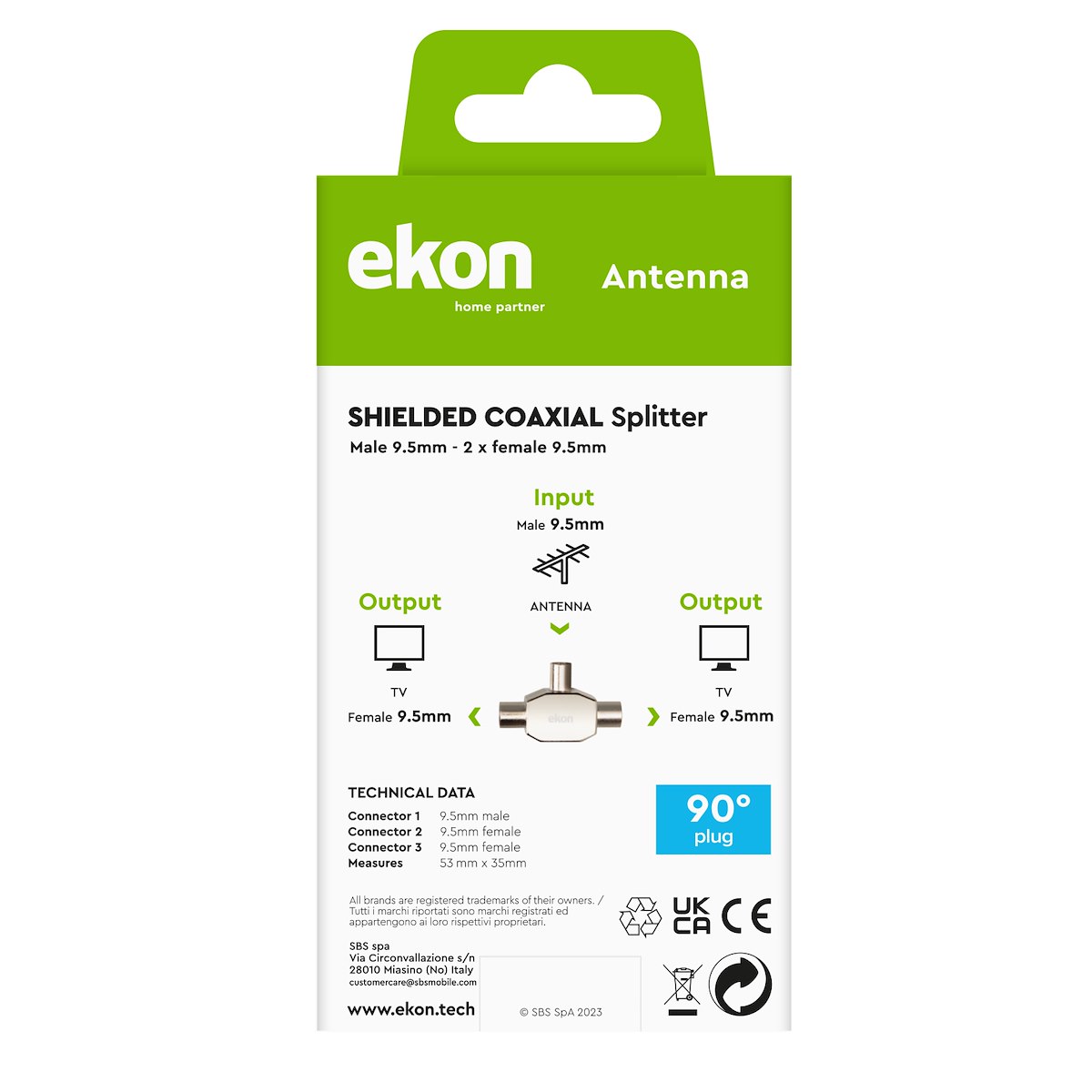EKON ECANSHILD1M2F Splitter Coassiale Antenna 9.5mm a 2x 9.5mm M-F - immagine 3
