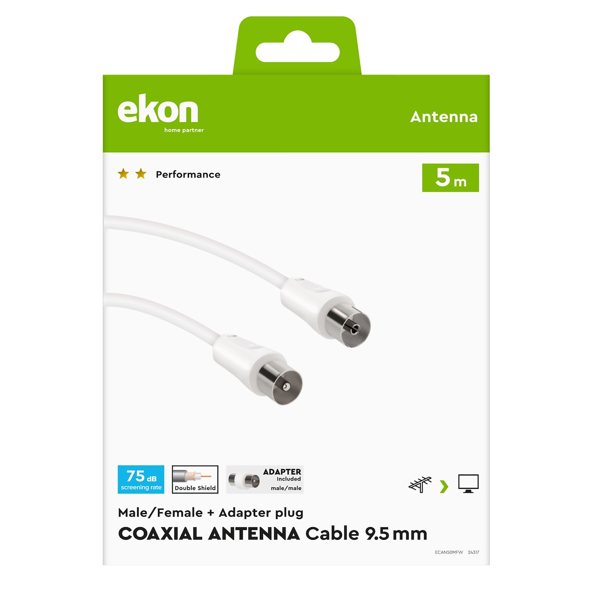 EKON ECAN50MFW Cavo antenna 9.5mm M-F con adattatore 5m bianco - immagine 2