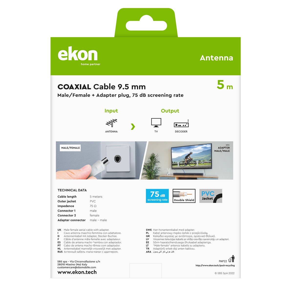 EKON ECAN50MFW Cavo antenna 9.5mm M-F con adattatore 5m bianco - immagine 5