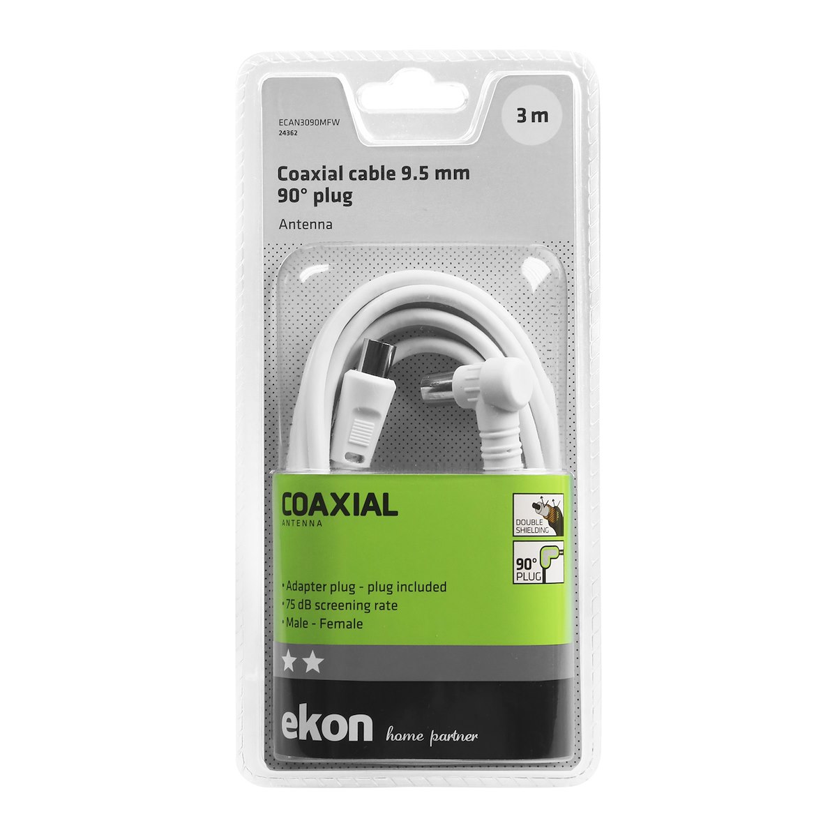 EKON ECAN3090MFW Cavo antenna 9.5mm M-F 90° 3m bianco - immagine 2