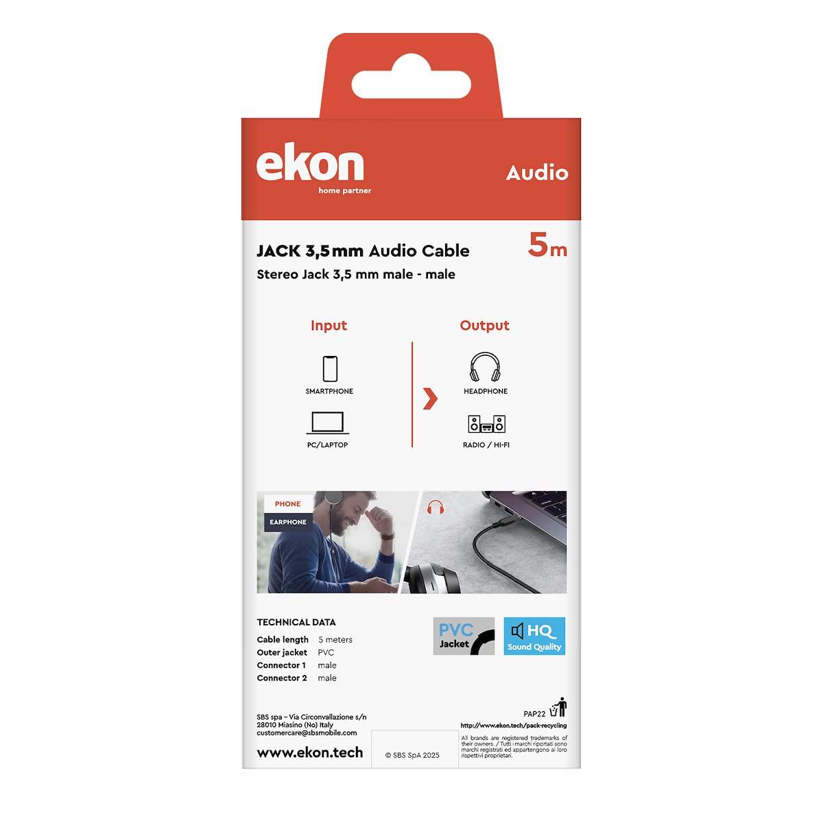 EKON ECAJACK50MMK Cavo Audio Jack 3.5mm M-M 5m - immagine 5