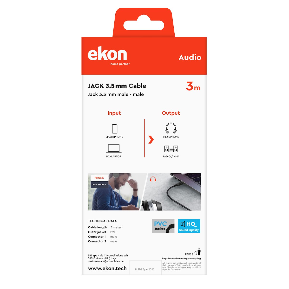 EKON ECAJACK30MMK Cavo Audio Jack 3.5mm M-M, 3mt - immagine 5