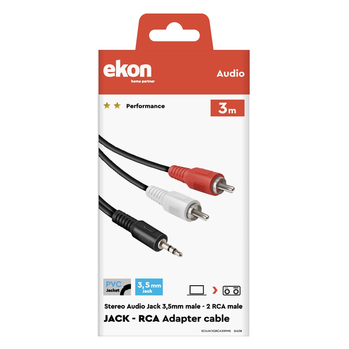 EKON ECAJACK2RCA30MMK Cavo Jack 3.5mm a 2 RCA M-M, 3mt - immagine 2