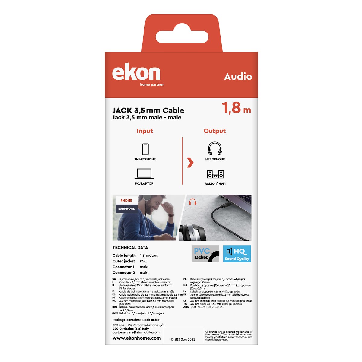 EKON ECAJACK18MMK Cavo Audio Jack 3.5mm M-M 1.8m - immagine 5